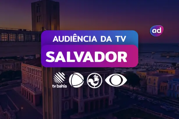 Arte Consolidados de Audiência da TV de Salvador, Bahia com os logos das emissoras TV Bahia/Globo, RECORD Bahia, Tv Aratu/Bahia e Band Bahia. Ao fundo a paisagem do Elevador Lacerda