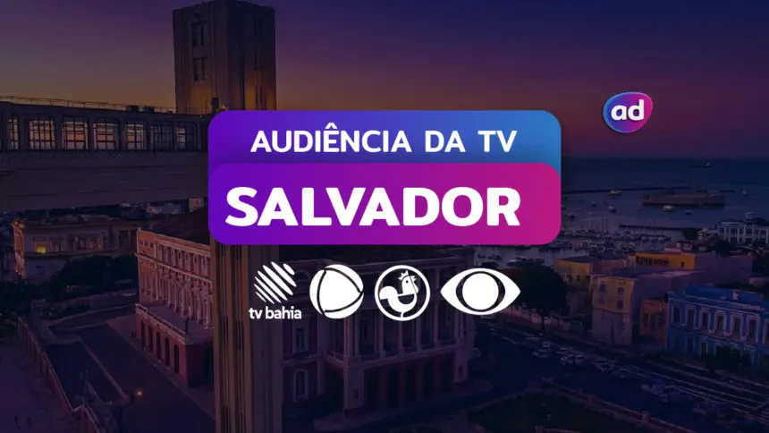 Arte Consolidados de Audiência da TV de Salvador, Bahia com os logos das emissoras TV Bahia/Globo, RECORD Bahia, Tv Aratu/Bahia e Band Bahia. Ao fundo a paisagem do Elevador Lacerda