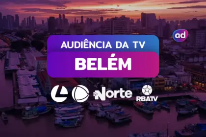 Gráfico sobre audiência de TV em Belém do Pará, com o título "Audiência da TV" e os logos da TV Liberal Globo, RECORD Belém, TV Norte SBT e RBA Band, sobre um fundo da cidade