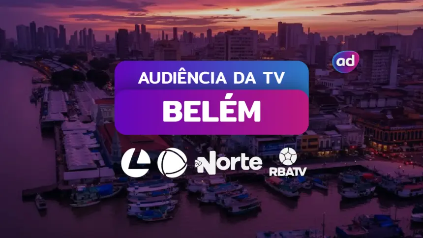 Gráfico sobre audiência de TV em Belém do Pará, com o título "Audiência da TV" e os logos da TV Liberal Globo, RECORD Belém, TV Norte SBT e RBA Band, sobre um fundo da cidade