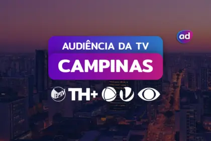 Gráfico sobre audiência de TV em Campinas, São Paulo, com o título "Audiência da TV" e os logos da Globo, TH+ RECORD, SBT, Band e RedeTV!, sobre um fundo da cidade