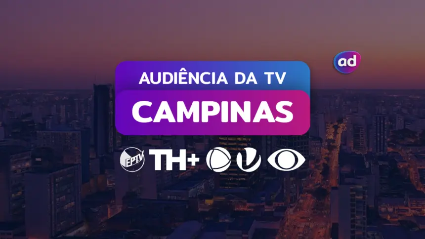 Gráfico sobre audiência de TV em Campinas, São Paulo, com o título "Audiência da TV" e os logos da Globo, TH+ RECORD, SBT, Band e RedeTV!, sobre um fundo da cidade