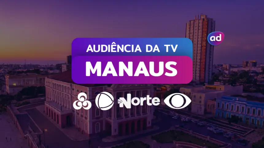 Gráfico sobre audiência de TV em Campinas, São Paulo, com o título "Audiência da TV" e os logos da Rede Amazônica Globo, RECORD Manaus, TV Norte SBT, Band Amazonas, sobre um fundo da cidade