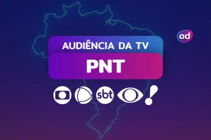 Logo das emissoras TV Globo, RECORD, SBT, Band e RedeTV! na arte dos consolidados de Audiência da TV. Ao fundo a o mapa do Brasil representando o PNT