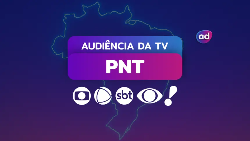 Logo das emissoras TV Globo, RECORD, SBT, Band e RedeTV! na arte dos consolidados de Audiência da TV. Ao fundo a o mapa do Brasil representando o PNT
