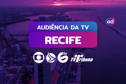Arte gráfica da audiência da TV em Recife, com o título "Audiência da TV" e os logos da TV Globo, TV Guararapes RECORD, TV Jornal SBT e TV Tribuna Band. Ao fundo, a vista aérea da capital de Pernambuco