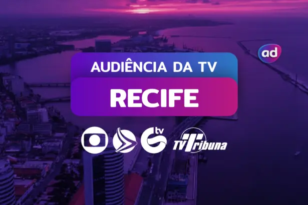 Arte gráfica da audiência da TV em Recife, com o título "Audiência da TV" e os logos da TV Globo, TV Guararapes RECORD, TV Jornal SBT e TV Tribuna Band. Ao fundo, a vista aérea da capital de Pernambuco