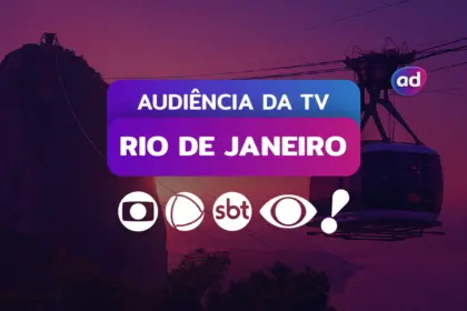 Logo das emissoras TV Globo, RECORD, SBT, Band e RedeTV! na arte dos consolidados de Audiência da TV. Ao fundo a vista aérea do pão de açúcar no Rio de Janeiro