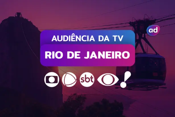 Logo das emissoras TV Globo, RECORD, SBT, Band e RedeTV! na arte dos consolidados de Audiência da TV. Ao fundo a vista aérea do pão de açúcar no Rio de Janeiro