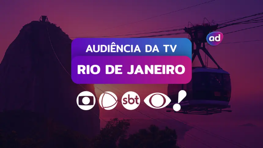 Logo das emissoras TV Globo, RECORD, SBT, Band e RedeTV! na arte dos consolidados de Audiência da TV. Ao fundo a vista aérea do pão de açúcar no Rio de Janeiro