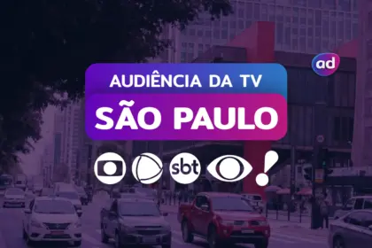 Gráfico sobre audiência de TV em São Paulo, com o título "Audiência da TV" e os logos da Globo, RECORD, SBT, Band e RedeTV!, sobre um fundo de cidade de São Paulo à noite