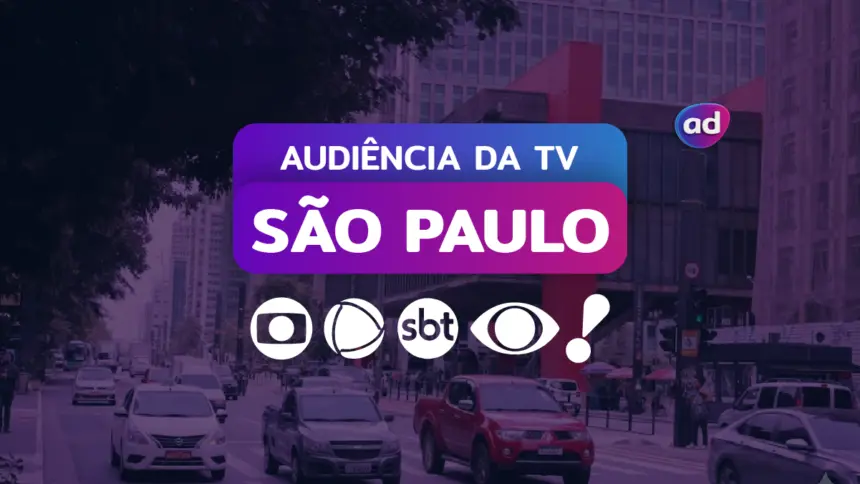 Gráfico sobre audiência de TV em São Paulo, com o título "Audiência da TV" e os logos da Globo, RECORD, SBT, Band e RedeTV!, sobre um fundo de cidade de São Paulo à noite