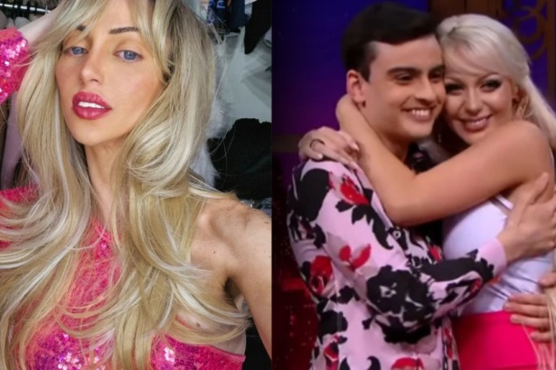 Bárbara Jankavski de cabelo longo, em montagem abraçada com Dudu Camargo em entrevista antiga no The Noite