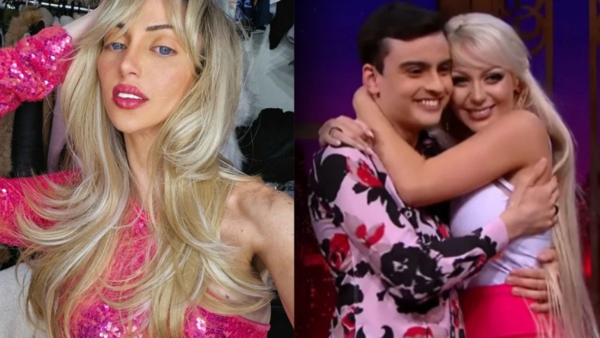 Bárbara Jankavski de cabelo longo, em montagem abraçada com Dudu Camargo em entrevista antiga no The Noite