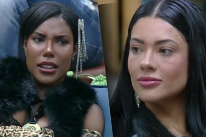Carol e Rayane em uma montagem com trechos da discussão em A Fazenda