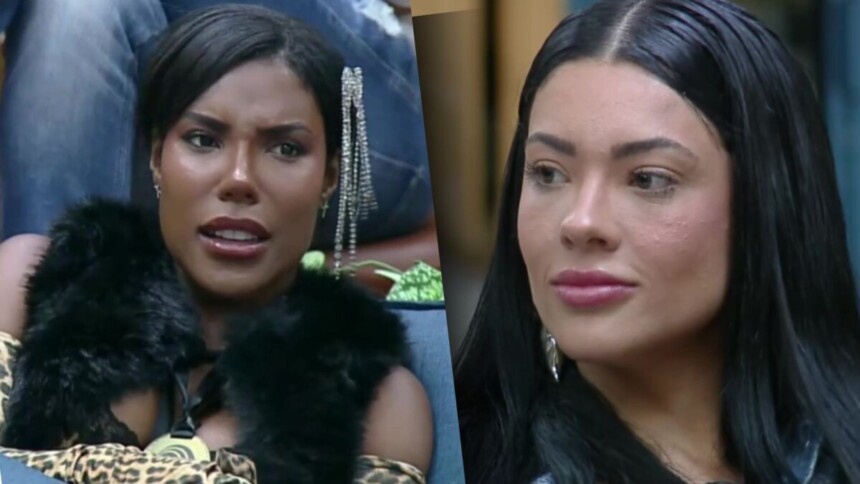 Carol e Rayane em uma montagem com trechos da discussão em A Fazenda