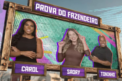 Carol, Saory e Toninho na arte da Prova do Fazendeiro na chamada de A Fazenda