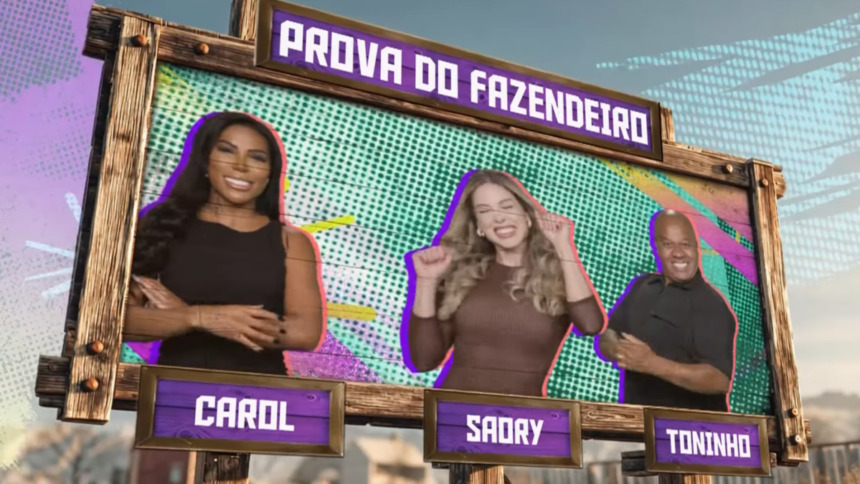 Carol, Saory e Toninho na arte da Prova do Fazendeiro na chamada de A Fazenda