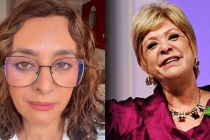 Montagem das apresentadoras de televisão Catia Fonseca, de óculos, e Ione Borges, com look vinho