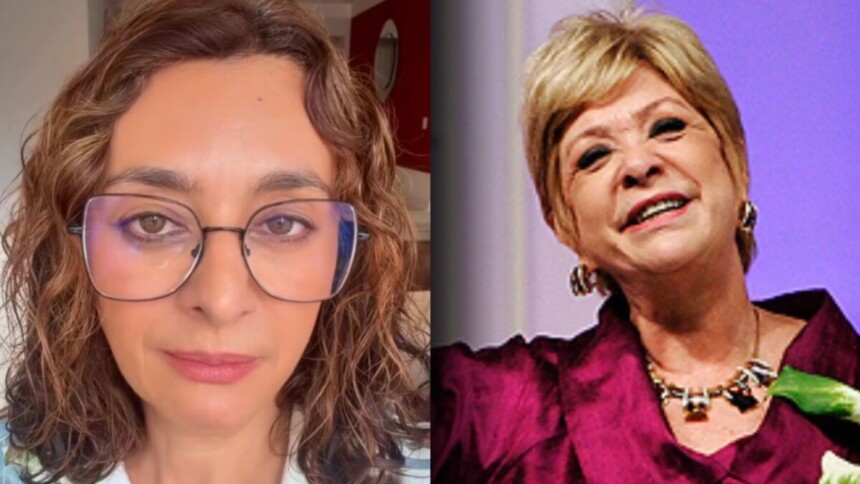 Montagem das apresentadoras de televisão Catia Fonseca, de óculos, e Ione Borges, com look vinho