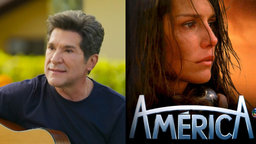 Daniel ao lado do poster da novela América