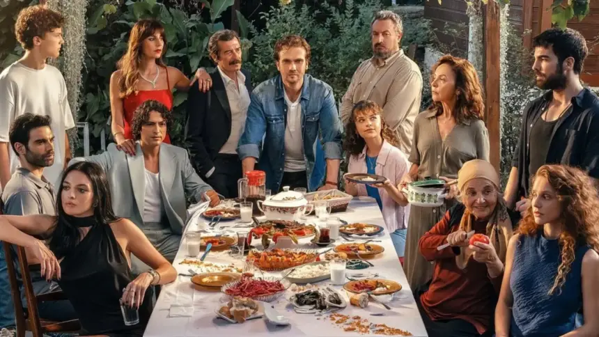 Elenco da novela turca Deha em frente a uma mesa com banquete