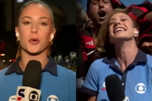 Repórter Duda Dalponte durante entrava ao vivo na Globo tendo seu cabelo puxado por torcedores do Flamengo