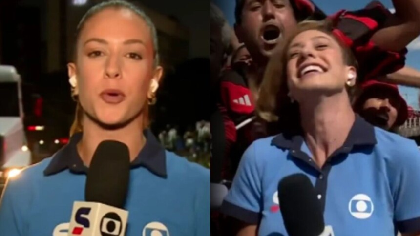 Repórter Duda Dalponte durante entrava ao vivo na Globo tendo seu cabelo puxado por torcedores do Flamengo