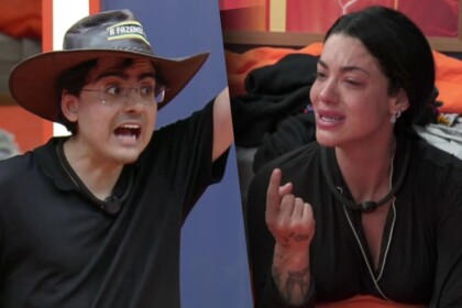 Montagem de Dudu com chapéu gritando e Rayane chorando, em momento de treta e discussão acalorada no reality show A Fazenda