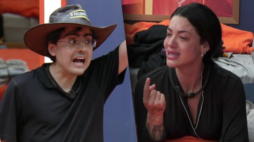 Montagem de Dudu com chapéu gritando e Rayane chorando, em momento de treta e discussão acalorada no reality show A Fazenda