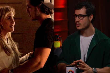 Emiliano D’Avila e Adriana Esteves juntos em cena de Avenida Brasil, em montagem com ator em entrevista a podcast