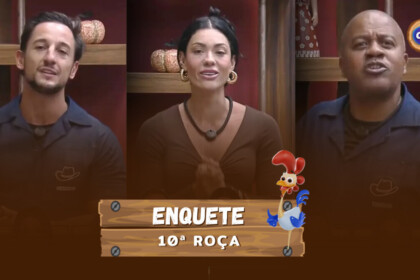 Mesquita, Rayane e Toninho no canto da sala pedindo votos para ficar na 10ª Roça. Montagem com a arte da enquete de A Fazenda 17