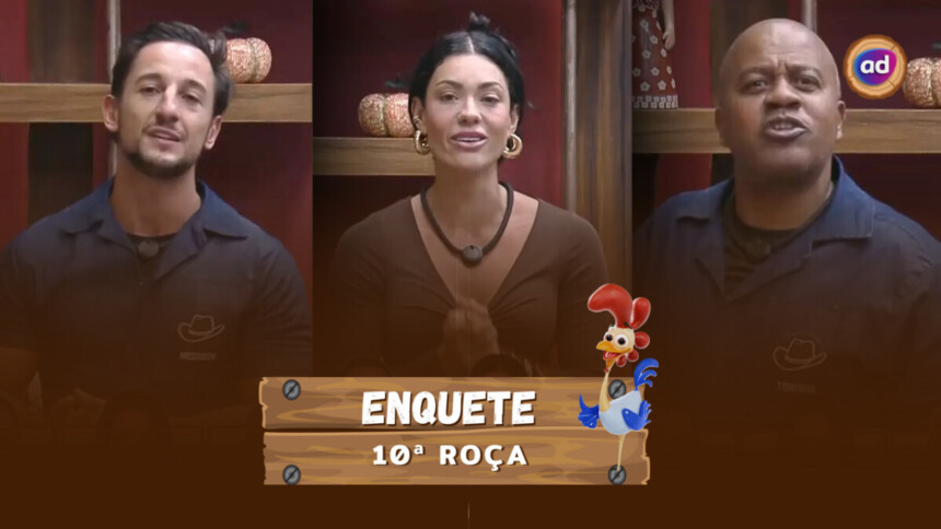 Mesquita, Rayane e Toninho no canto da sala pedindo votos para ficar na 10ª Roça. Montagem com a arte da enquete de A Fazenda 17