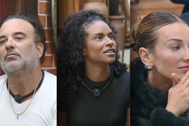 Fabiano, Kathy e Maria com semblantes assustados ao receberem a notícia de que estão na Roça Surpresa de A Fazenda 17