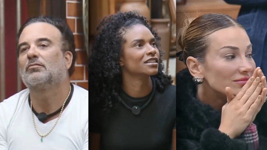 Fabiano, Kathy e Maria com semblantes assustados ao receberem a notícia de que estão na Roça Surpresa de A Fazenda 17