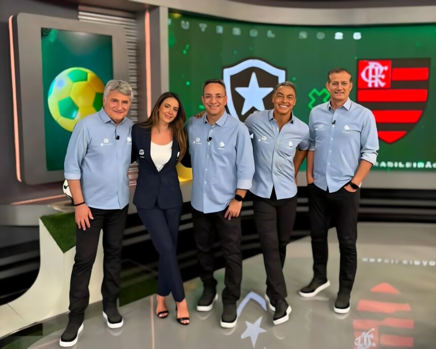 Cleber Machado, Paloma Tocci, Maurício Noriega, Dodô e Sálvio Spínola no cenário de esportes da RECORD