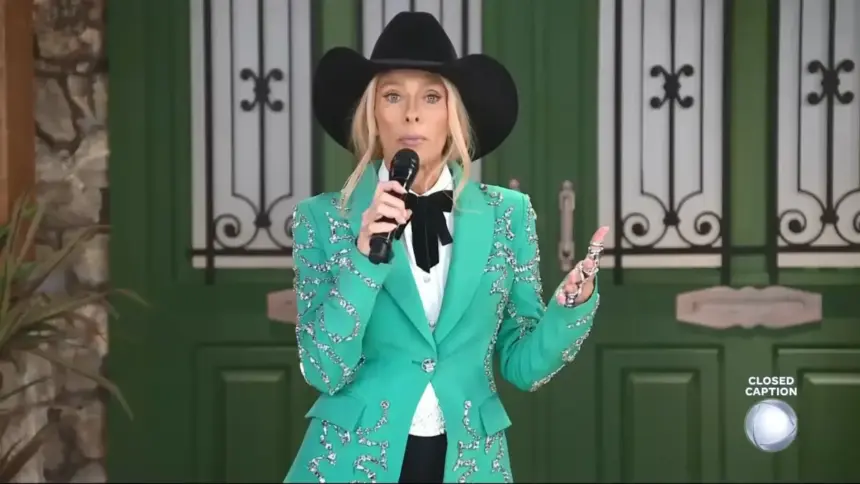 Adriane Galisteu de terninho verde com brilhos e chapéu preto apresentando A Fazenda 17 no dia da eliminação de Wallas