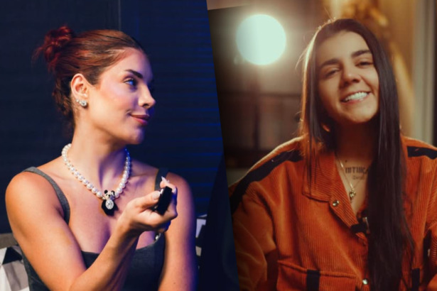 Gkay olhando para Yasmin Santos. Elas participam do Domingo Legal