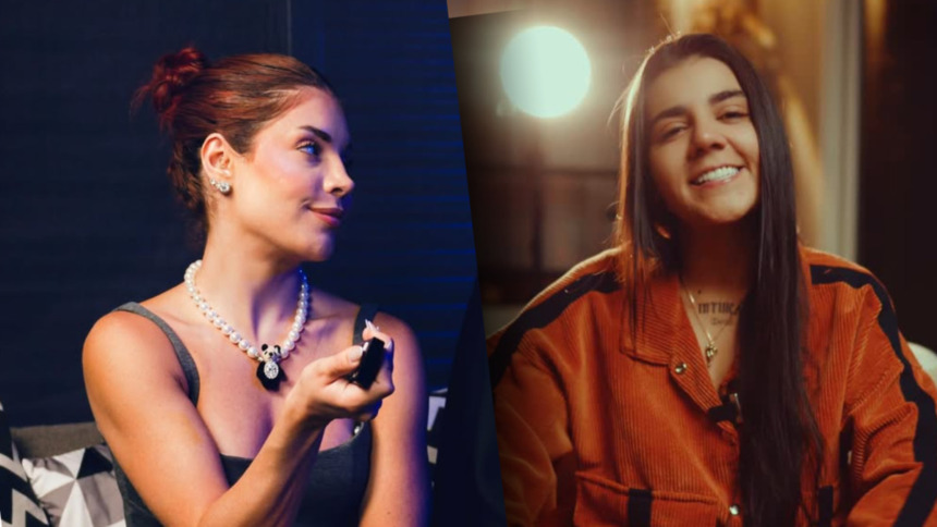 Gkay olhando para Yasmin Santos. Elas participam do Domingo Legal