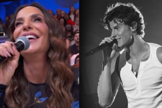 Montagem das cantoras Ivete Sangalo e Shawn Mendes cantando em shows, representando ícones da música brasileira e internacional