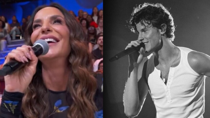 Montagem das cantoras Ivete Sangalo e Shawn Mendes cantando em shows, representando ícones da música brasileira e internacional