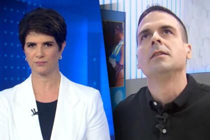 Mariana Godoy com semblante sério na bancada do Jornal da Record em montagem com o Marcelo Castro, o Juca, olhando para o teto e orando