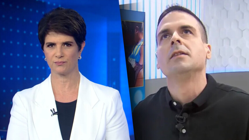 Mariana Godoy com semblante sério na bancada do Jornal da Record em montagem com o Marcelo Castro, o Juca, olhando para o teto e orando