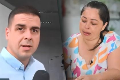 Marcelo Castro, O Juca, segura microfone em reportagem. Na outra tela uma vítima do Golpe do Pix chora em reportagem do Domingo Espetacular