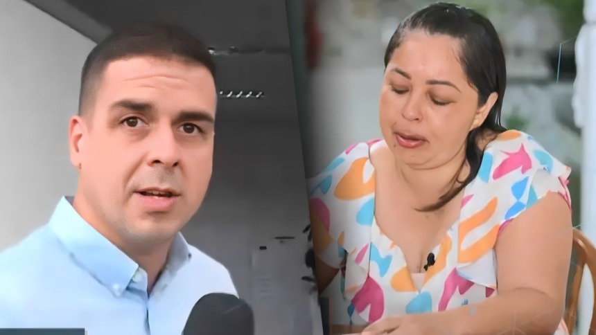 Marcelo Castro, O Juca, segura microfone em reportagem. Na outra tela uma vítima do Golpe do Pix chora em reportagem do Domingo Espetacular