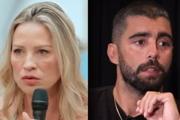 Montagem da atriz Luana Piovani segurando microfone e do surfista Pedro Scooby com expressão séria