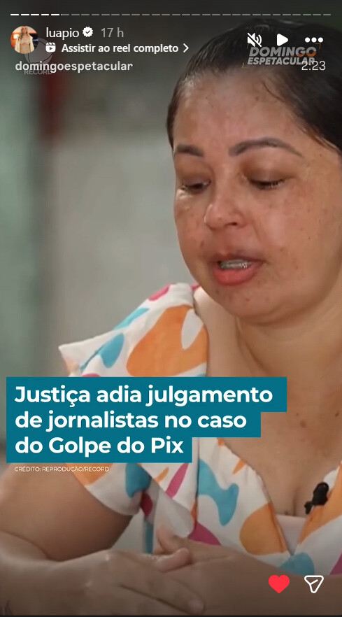Registro do story de Luana Piovani compartilhando reportagem sobre o Golpe do Pix de Juca