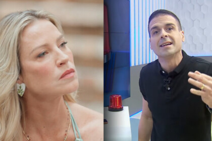 Luana Piovani séria olhando para o lado em montagem onde aparece Marcelo Castro gritando em seu programa Alô Juca