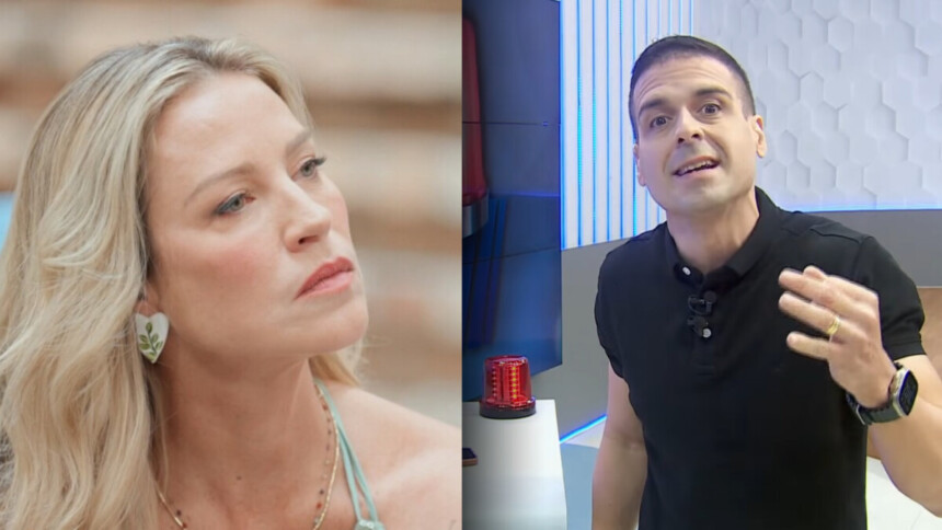 Luana Piovani séria olhando para o lado em montagem onde aparece Marcelo Castro gritando em seu programa Alô Juca