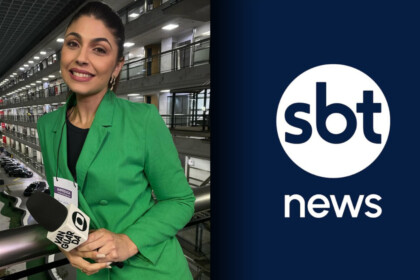 Luara Castilho segura microfone da TV Vanguarda afiliada da Globo dividindo tela com o logo do SBT News